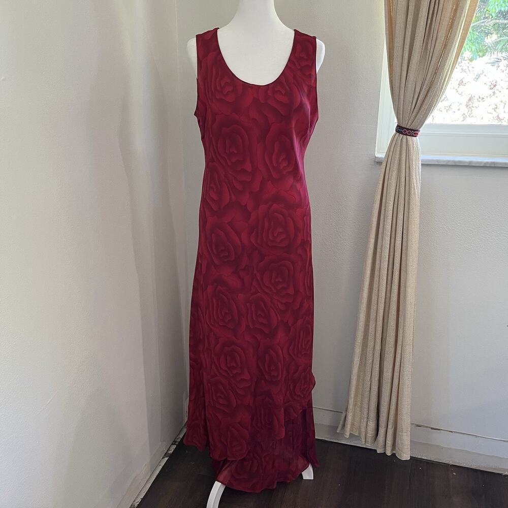Simply Silk Vintage 90s Y2K Silk Red Size L Rose Print Dark Romantic Asymetrical - Picture 2 of 8